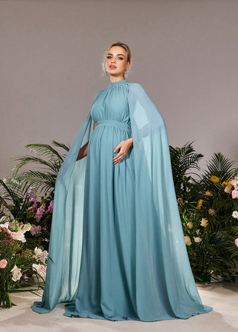 Блакитна вечірня плаття для вагітних з спідницею-сонце, сукня-кейп, в стилі армпір SHEIN однотонна