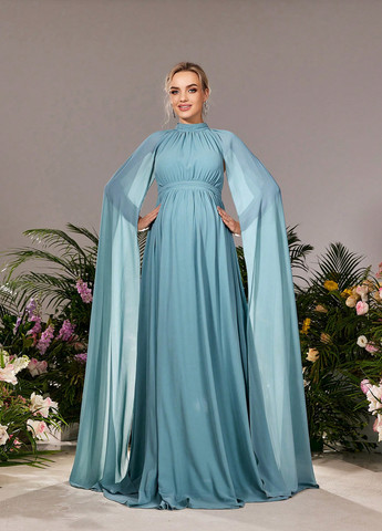 Блакитна вечірня плаття для вагітних з спідницею-сонце, сукня-кейп, в стилі армпір SHEIN однотонна