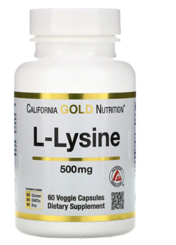 L-Лізин, L-Lysine,, 500 мг, 60 рослинних капсул California Gold Nutrition (228291903)