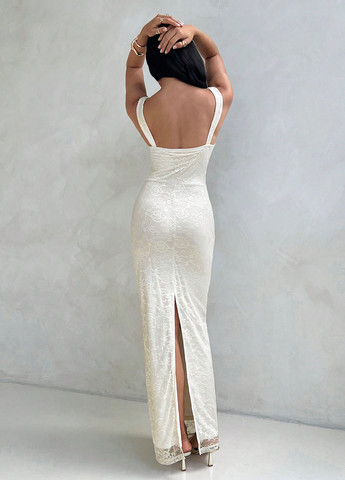 Кремовое праздничный, вечернее платье а-силуэт, футляр, с открытой спиной SHEIN однотонное