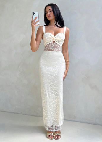 Кремовое праздничный, вечернее платье а-силуэт, футляр, с открытой спиной SHEIN однотонное