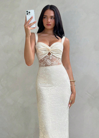 Кремовое праздничный, вечернее платье а-силуэт, футляр, с открытой спиной SHEIN однотонное