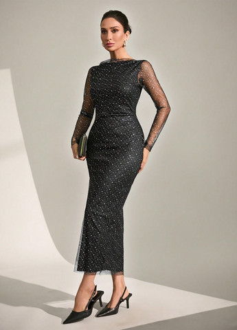 Черное вечернее платье силуэтная SHEIN в горошек