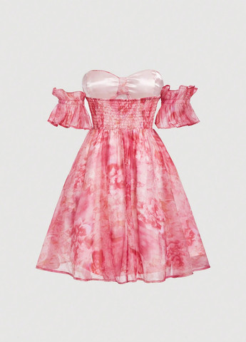 Розовое кэжуал платье с открытыми плечами, клеш SHEIN с цветочным принтом