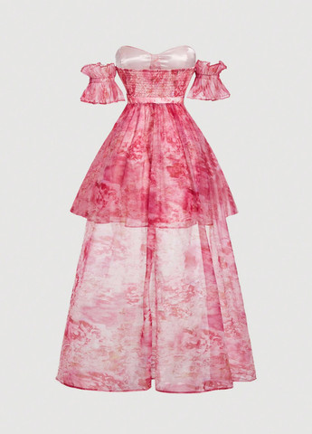 Розовое кэжуал платье с открытыми плечами, клеш SHEIN с цветочным принтом