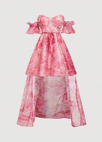 Розовое кэжуал платье с открытыми плечами, клеш SHEIN с цветочным принтом