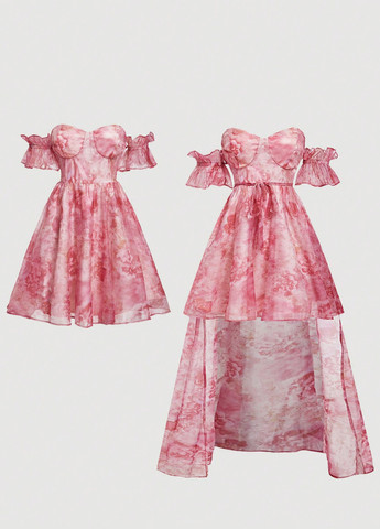 Розовое кэжуал платье с открытыми плечами, клеш SHEIN с цветочным принтом