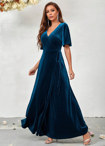 Индиго вечернее платье клеш, на запах SHEIN однотонное