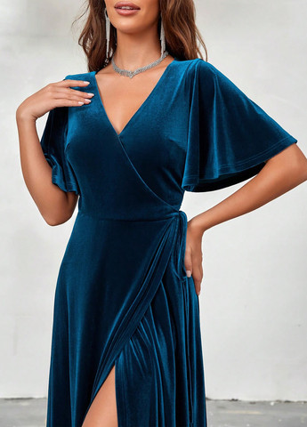 Индиго вечернее платье клеш, на запах SHEIN однотонное