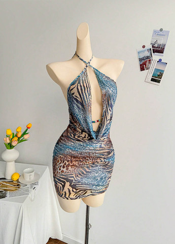 Комбінована коктейльна, вечірня сукня з відкритою спиною SHEIN з тваринним принтом