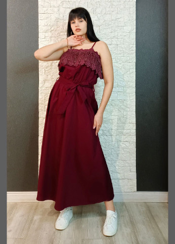Бордовое кэжуал платье а-силуэт, с открытыми плечами Lumina однотонное