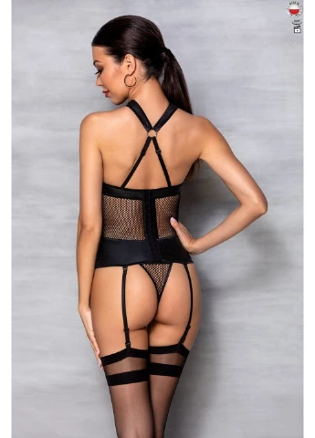 Сетчатый комплект корсет с халтером, съемные подвязки и трусики Amanda Corset black L/XL - Passion (255457834)