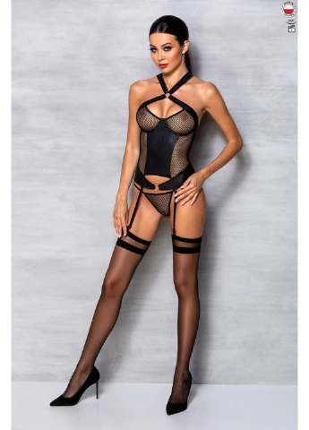 Сетчатый комплект корсет с халтером, съемные подвязки и трусики Amanda Corset black L/XL - Passion (255457834)