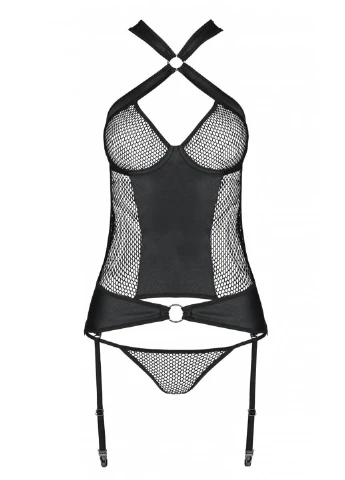 Сетчатый комплект корсет с халтером, съемные подвязки и трусики Amanda Corset black L/XL - Passion (255457834)