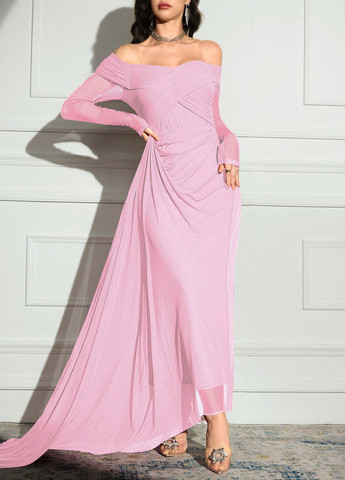 Розовое вечернее, праздничный платье со шлейфом, с открытыми плечами, футляр SHEIN однотонное