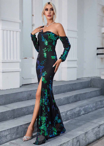 Темно-синя вечірня сукня годе, на одне плече SHEIN з квітковим принтом