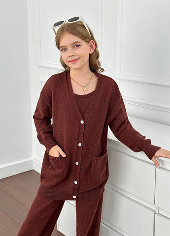 Коричневый летний костюм (кардиган, топ, брюки) SHEIN