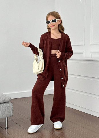 Коричневый летний костюм (кардиган, топ, брюки) SHEIN