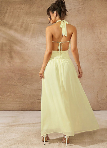 Светло-желтое вечернее, кэжуал платье клеш, с открытой спиной SHEIN однотонное