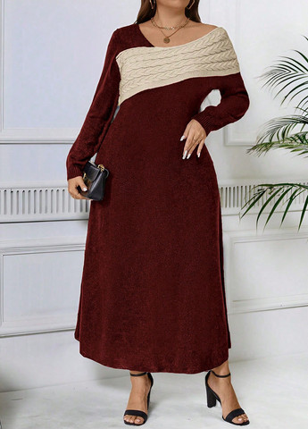 Бордовое кэжуал платье платье-свитер, клеш SHEIN колор блок