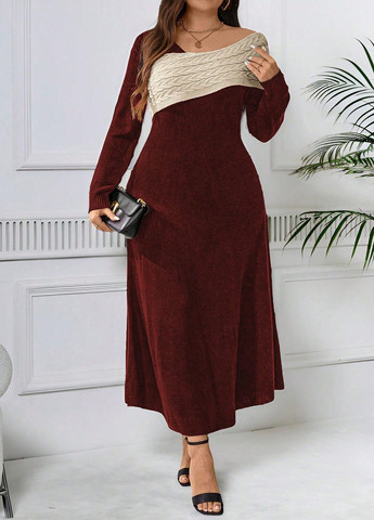 Бордовое кэжуал платье платье-свитер, клеш SHEIN колор блок