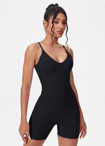 Комбінезон SHEIN комбінезон-шорти однотонний чорний спортивний поліамід, трикотаж