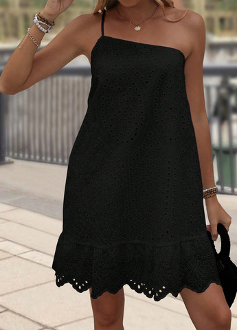 Чорна кежуал сукня з спідницею-сонце, на одне плече, а-силует SHEIN однотонна