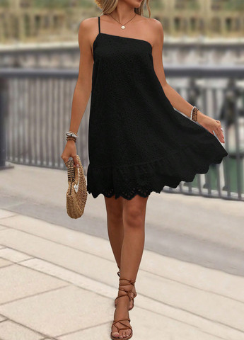 Чорна кежуал сукня з спідницею-сонце, на одне плече, а-силует SHEIN однотонна