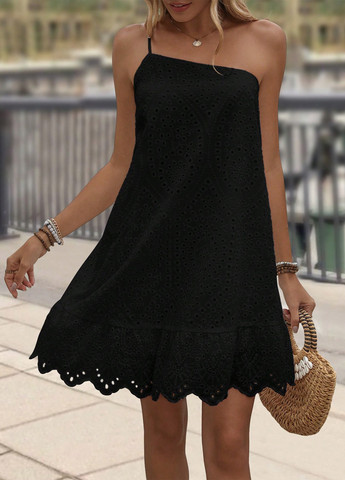 Чорна кежуал сукня з спідницею-сонце, на одне плече, а-силует SHEIN однотонна