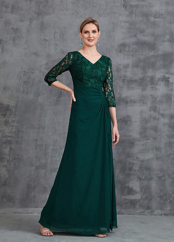 Темно-зеленое праздничный, вечернее платье клеш SHEIN однотонное