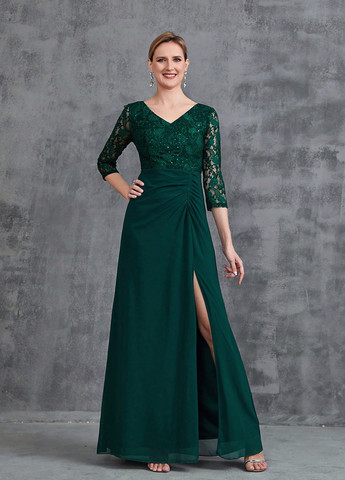 Темно-зеленое праздничный, вечернее платье клеш SHEIN однотонное