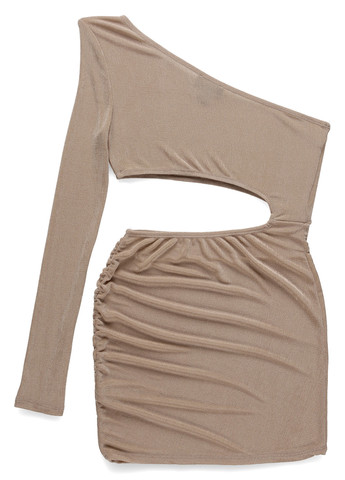 Бежевое вечернее, кэжуал платье на одно плечо PrettyLittleThing однотонное