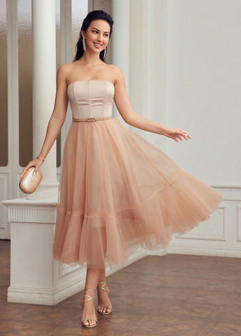 Пудрова святковий сукня з відкритими плечима SHEIN однотонна