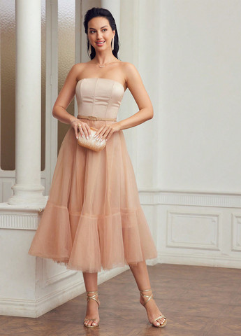 Пудрова святковий сукня з відкритими плечима SHEIN однотонна