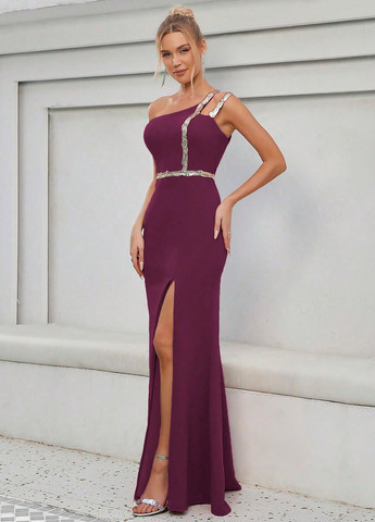 Фиолетовое вечернее платье на одно плечо SHEIN однотонное