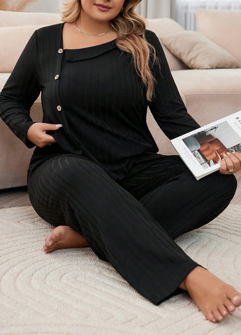 Чорна всесезон піжама (лонгслів, штани) лонгслів + брюки SHEIN