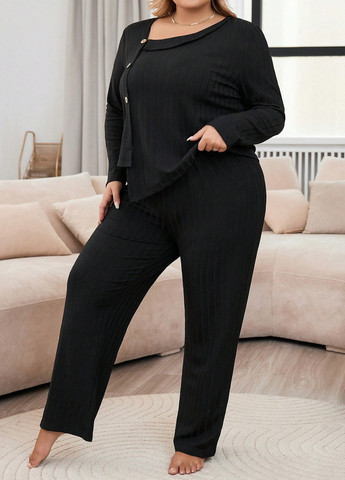Чорна всесезон піжама (лонгслів, штани) лонгслів + брюки SHEIN