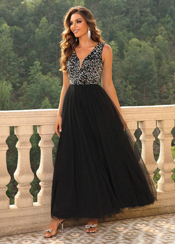 Черное вечернее платье а-силуэт SHEIN однотонное