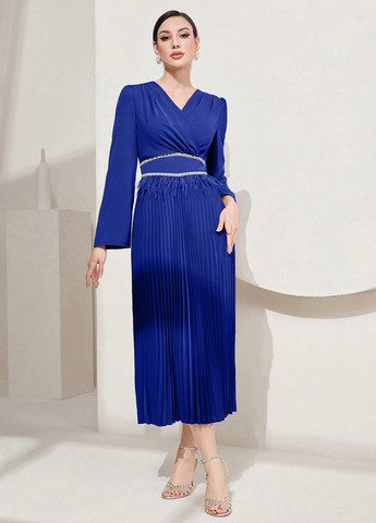 Синее праздничный, вечернее платье клеш, плиссированное SHEIN однотонное