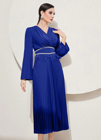 Синее праздничный, вечернее платье клеш, плиссированное SHEIN однотонное
