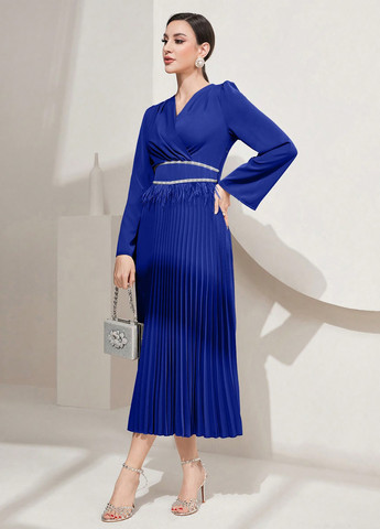 Синее праздничный, вечернее платье клеш, плиссированное SHEIN однотонное