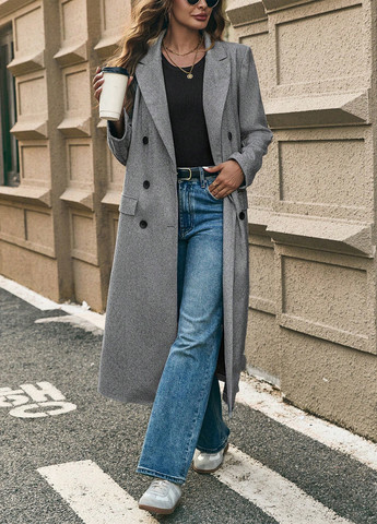 Серое демисезонное Пальто двубортное SHEIN