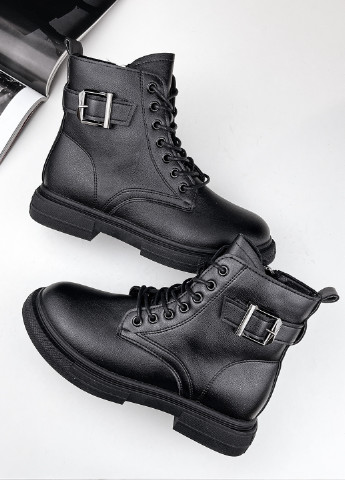 Осенние женские ботинки на шнурках черные эко кожа Fashion из искусственной кожи