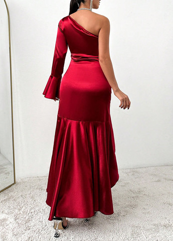 Темно-красное вечернее платье годе, на одно плечо SHEIN однотонное