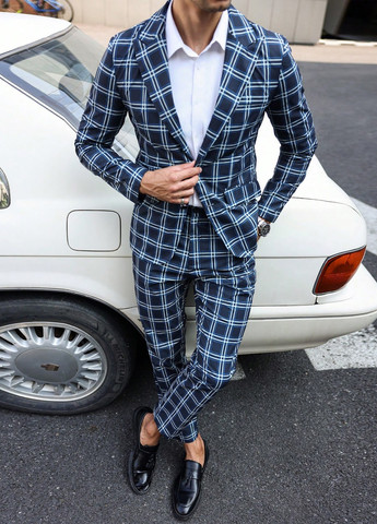 Темно-синій демісезонний костюм (піджак, штани) брючний SHEIN