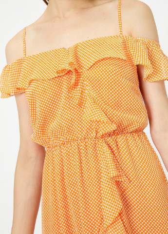 Оранжевое кэжуал платье клеш, с открытыми плечами, на запах KOTON в горошек