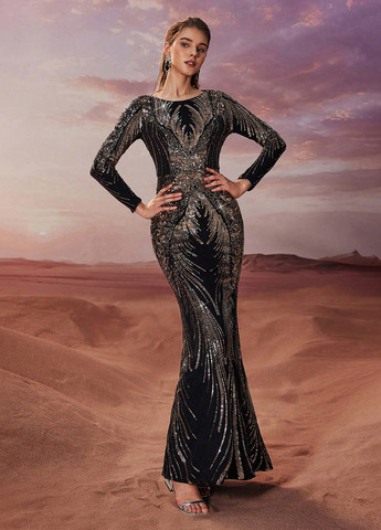 Черное вечернее платье клеш SHEIN однотонное