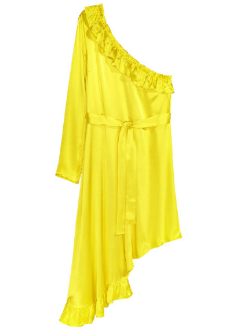 Желтое коктейльное платье а-силуэт, на одно плечо H&M однотонное