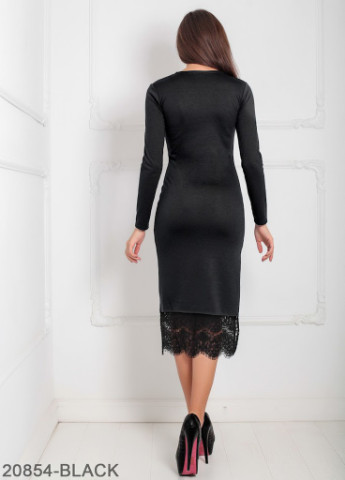 Черное кэжуал элегантное приталенное платье с вырезом на ноге и кружевной кромкой на юбке imilar Podium однотонное