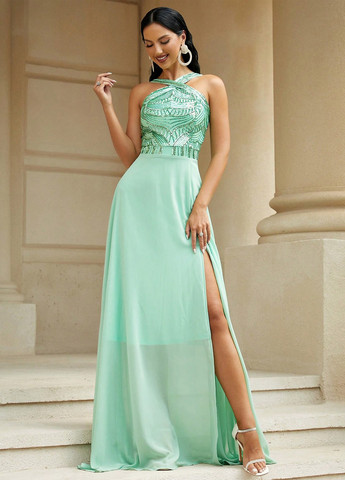 Зеленое вечернее платье с открытыми плечами, а-силуэт SHEIN однотонное